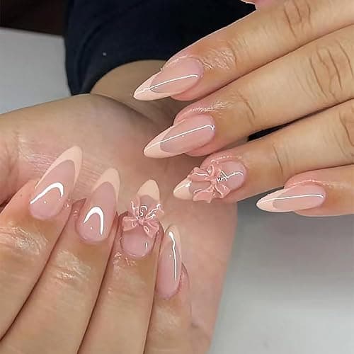24pcs French Tip Press on Nails Medium Almond Fake Nails with Charms Designs Bow False Nails Stick on Nails Full Cover Glossy Artificial Nails for Women Girl Nail Decoration Supplies - Image 1