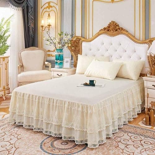 Double Lace Bed Skirt for Queen Bed - 17in. Drop, Easy Fit Ruffle Bedskirt Wrap Around Bed Skirt, Anti Wrinkle & Fade Resistant - Image 1