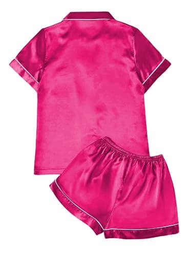 Remidoo Women's Causal Short Sleeve Button Down Satin 2 Piece Pajama Set Sleepwear Loungewear - Medium - Solid Hot Pink thumbnail 2
