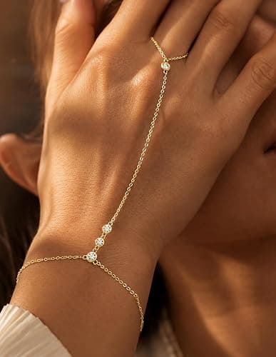 YEEZII Gold Hand Chain Bracelets for Women, 2 Pcs 14k Gold Plated Cubic Zirconia Link Chain Bracelet Set, Trendy ring bracelet hand chain Jewelry for Her thumbnail 5