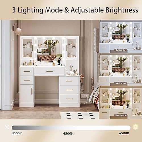 Makeup Vanity Desk with Mirror and Lights, Makeup Vanity Table with Lighted Mirror, Nightstand Dressing Table with Mirror and Lights, 51" Big Vanity with 6 Drawers & Lots Storage Space for All Girls thumbnail 4