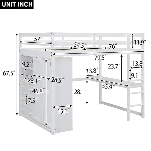 Harper & Bright Designs White Full Size Loft Bed with Desk & Wardrobe, Solid Wood Kids Loft Bedframe w/3 Storage Drawers & 2 Shelves, Maximum Space Design, for Bedroom, Dorm thumbnail 2