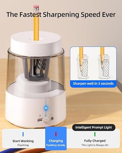 ZMOL Electric Pencil Sharpener, Automatic Pencil Sharpeners Kids, Battery Powered Rechargeable Pencil Sharpeners for Colored Pencils, Auto Stop, Suitable for No.2(6-8mm), School/Home - White thumbnail 6