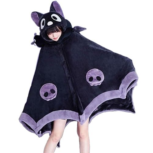 Cute Halloween Wearable Blanket Hoodie Free Size for Adults Devil Bat Hooded Blanket Oversized Soft Sherpa Hoodie Women Throw Cloak Wrap with Demon Wings for Men Child Student,A - Image 1
