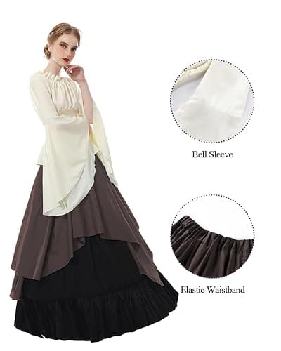 NSPSTT Renaissance Costume Women 2 Piece Medieval Dress Set Bell Sleeve Layered Peasant Outfit for Ren Faire thumbnail 4