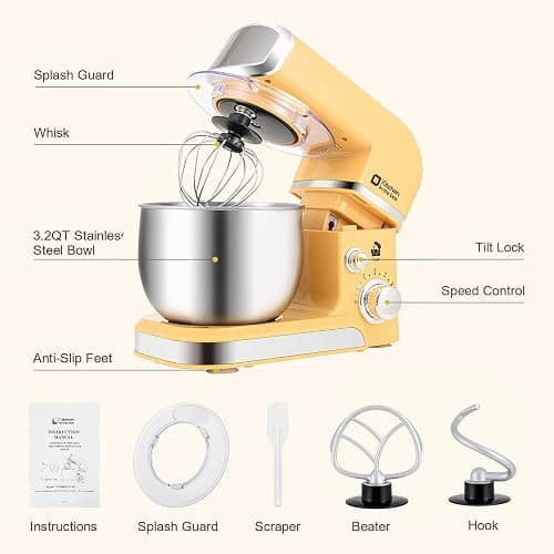 Kitchen in the box Stand Mixer,3.2Qt Small Electric Food Mixer,6 Speeds Portable Lightweight Kitchen Mixer for Daily Use with Egg Whisk,Dough Hook,Flat Beater (Yellow) thumbnail 4