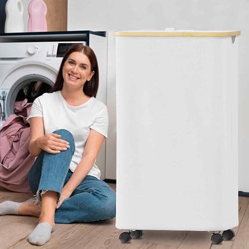 SUOCO Laundry Hamper on Wheels 100L, Clothes Basket with Lid and Bamboo Handles, Foldable Laundry Hamper for Bedroom, Bathroom, Dorm, Laundry Room - White thumbnail 2
