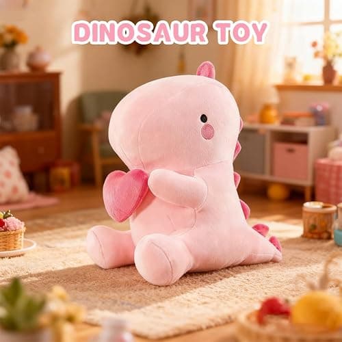 Fouvin Peluche Dinosaure Doudou avec Cœur - 30CM Mignon Dino en Tissu Coussin, Peluche Dinosaure Kawaii, Cadeau Dinosaure en Peluche pour Fille, Enfant, Amie, Saint-Valentin (Rose) thumbnail 2