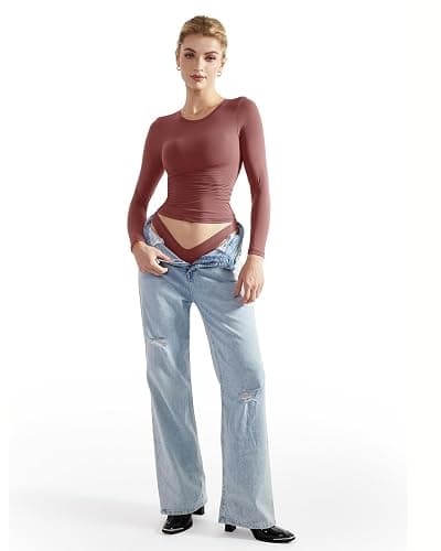 SUUKSESS Women Double Lined Fitted Basic T Shirts Crew Neck Long Sleeve Crop Top thumbnail 5