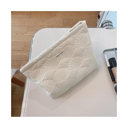 uekeboag White Quilted Cotton Makeup Pouch,Coquette Quilted Toiletry Bag for Women and Girls, Floral Coquette Organizer Bag, Aesthetic Travel Cosmetic Bags(03White Shells) - 03White Shells thumbnail 5