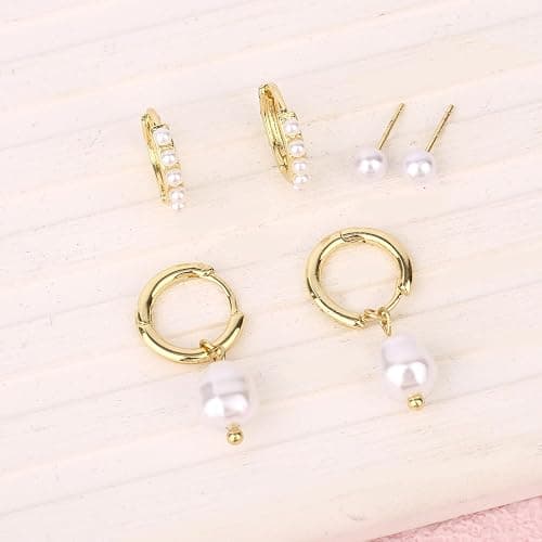3 Pairs Gold Earrings Set, Dainty Pearl Dangle Drop & Hoop & Stud Earrings Stackable Stylish Pearl Dangling Drop Jewelry for Women Trendy Fashion Jewelry Gifts thumbnail 3