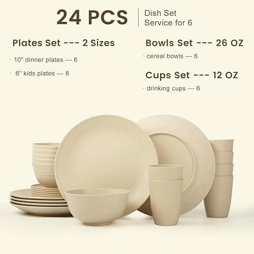 Homienly 24 PCS Premium Wheat Straw Dishes Set for 6, Reusable Plates and Bowls Sets,Cups,Lightweight & Unbreakable Dishwasher and Microwave Safe Dinnerware Sets for Kitchen,Outdoor- Beige - 24 PCS - Beige thumbnail 2