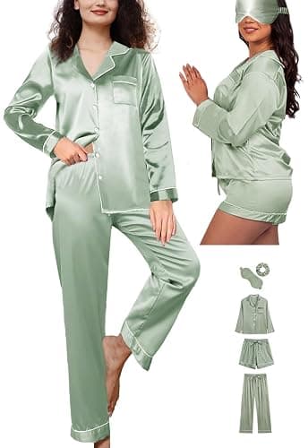 WJing Yi Jia 5Pcs XS-XXL Womens Silk Satin Pajamas Sets Long Pj Sets Button Down Pjs Set Loungewear Sleepwear - Image 1
