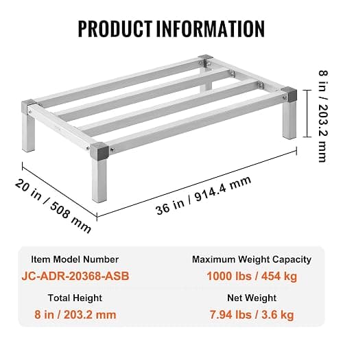 VEVOR Aluminum Dunnage Rack, 36” x 20” Commercial Food Floor Rack, 8” Off The Floor, 1000 lbs Capacity All-Welded Aluminum Storage, for Storage in Restaurants, Kitchens, Garages and Vehicles thumbnail 3