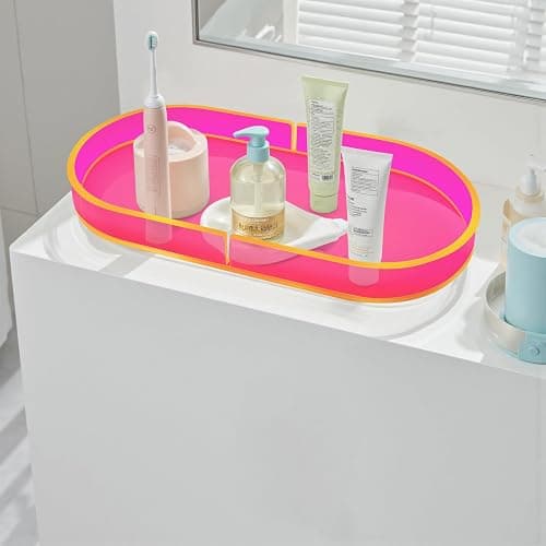Acrylic Decorative Vanity Tray Perfume Jewelry Trinket Tray for Bathroom Counter Soap Toilet Tank Sink Small Candle Catch All Organizer, 12.6x6.3 Inches, Neon Pink thumbnail 7