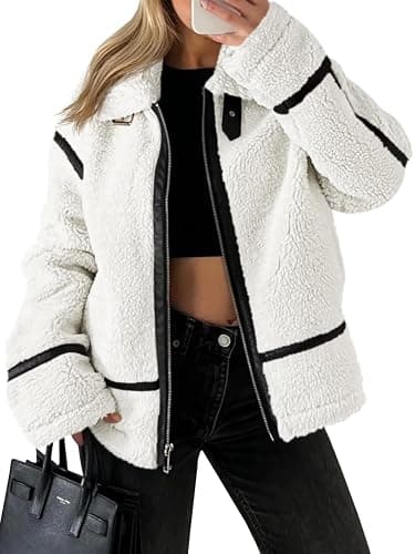 Tankaneo Womens Faux Fur Jackets Winter Trendy Sherpa Moto Leather Patchwork Zip Up Coat - Image 1