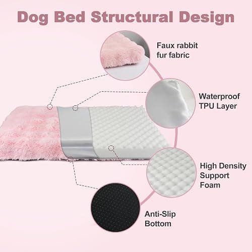 Vhen When Orthopedic Dog Beds for Medium Dogs, Fluffy Faux Rabbit Fur Pet Bed with Removable Washable Cover, Dog Bed Mat with Egg Crate Foam & Waterproof Lining, Anti Slip Bottom, Pink,30"x20"x3" thumbnail 4
