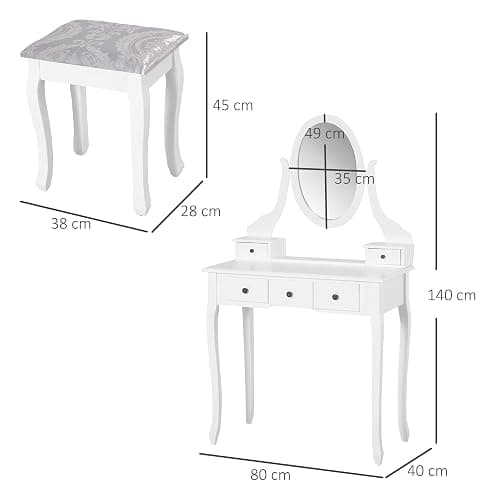 HOMCOM Coiffeuse avec Miroir et Tabouret 5 tiroirs Table de Maquillage avec Pieds en Bois de pin Massif 80 x 40 x 140cm Blanc thumbnail 3