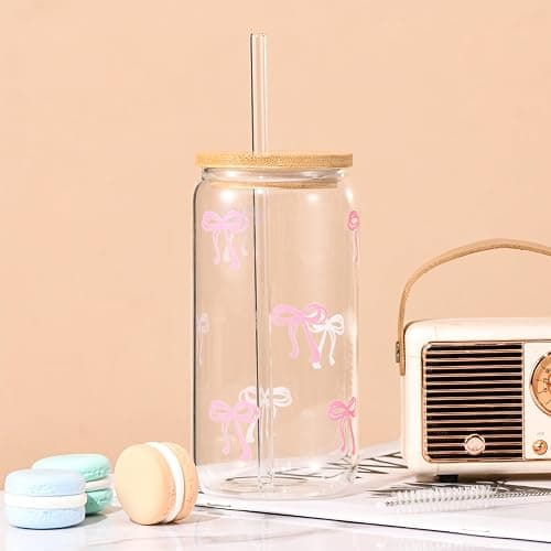 ANABIUP Coquette Cute Pink Bow Glass Cups with Lids and Straws, Aesthetic Iced Coffee Cup, Girly Preppy Design Tumbler Mug for Teen Girls Women Girlfriends Gifts thumbnail 2