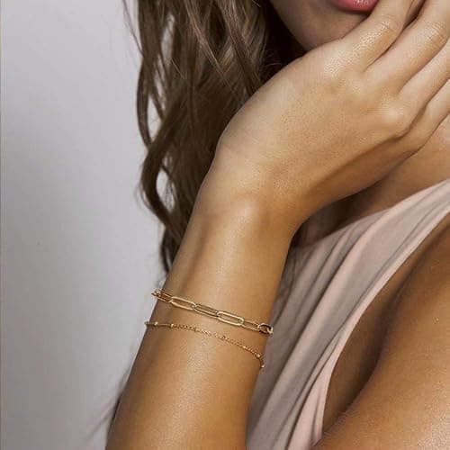 Dainty Gold Bracelets for Women, 14K Gold Plated Adjustable Layered Beads Bracelet Cute Evil Eye Oval Chain Pearl Bar Turtle Gold Bracelets for Women Jewelry thumbnail 3