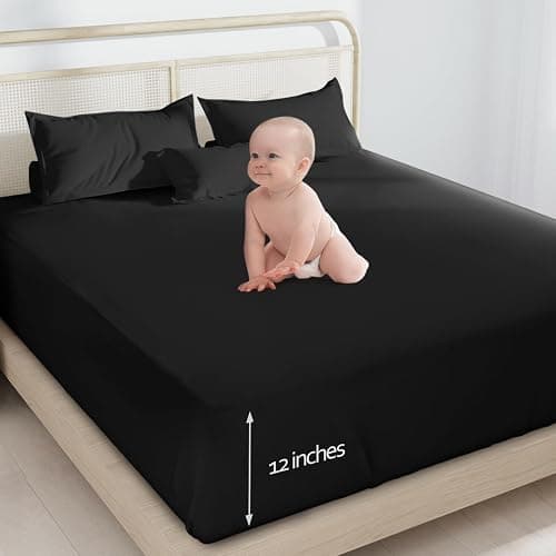 Twin Fitted Sheet Only, Twin Size Sheets for Kids Up to 14 Inches Deep Procket, Single Bed Mattress Sheets Stretchable Breathable Jersey Knit Cover, Black thumbnail 2