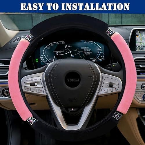YSFKJ Fluffy Steering Wheel Cover, Universal 15 Inch Colorful Rhinestones Car Steering Wheel Cover, Sparkly Crystal Diamond Steering Wheel Protector for Women Girls,Pink thumbnail 6