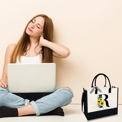 Sunflower Tote with Zipper Pocket, 13oz Monogram Tote Bags for Women, Birthday, Christmas, Teacher Gifts - R thumbnail 5