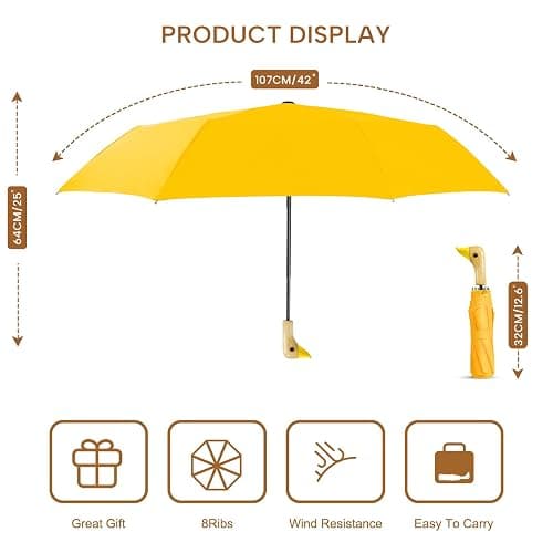 LEAGERA Compact Small Umbrellas for Rain&Sun, Cute Design Duck Head Umbrella for Girls Gifts, 8 Ribs Folding Umbrella with Wooden Handle thumbnail 2