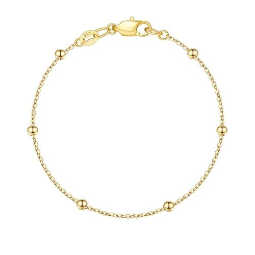 IEFWELL S925 Sterling Silver Bracelet for Women - 14K-Real-Gold-Plated Satellite Bead Chain Bracelet, 6.5/7/7.5/8/8.5/9 Inches Sterling Silver Chain Bracelets, Valentines Gifts Jewelry for Women - Image 1