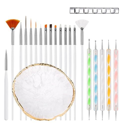 Nail Art Brush 22 Piece Set, 2 Way Acrylic Silicone Engraving Pen Dotting Pen Tools Nail Art Kit, Resin Nail Art Palette, For Nail Art DIY Home Salon Makeup Display Board (White) - Image 1