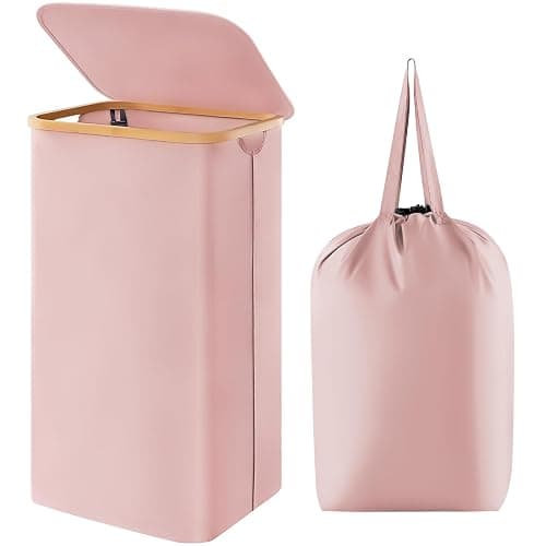 Lifewit 100L Laundry Basket with Lid, Clothes Hampers for Laundry with Bamboo Handles and A Removable Laundry Bag, Large Foldable Hamper for Bedroom, Bathroom, Dorm, Laundry Room, Pink - Image 1