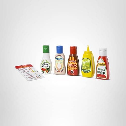 Melissa & Doug 5-Piece Favorite Condiments Play Food Set Play Ketchup and Mustard Bottles, Pretend Food Set for Kids Ages 3+ thumbnail 10