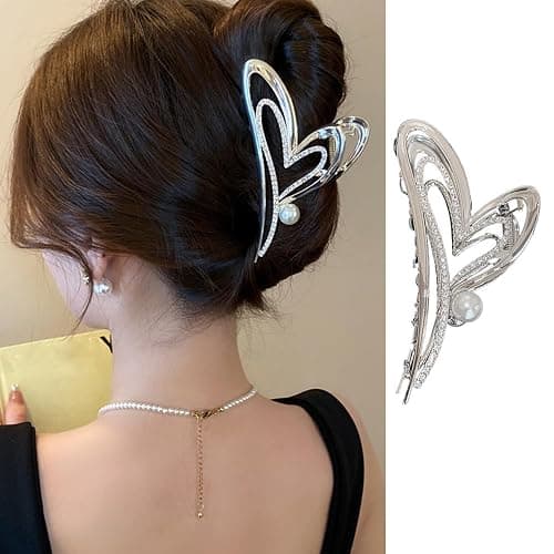 Valentine’s Day Heart Hair Clips for Women, 1Pcs Sliver Heart Rhinestone Pearl Design Hair Claw Clips Large Strong Hold Metal Hair Catch Clip Shiny Nonslip Valentines Party Hair Decoration Accessories - Image 1