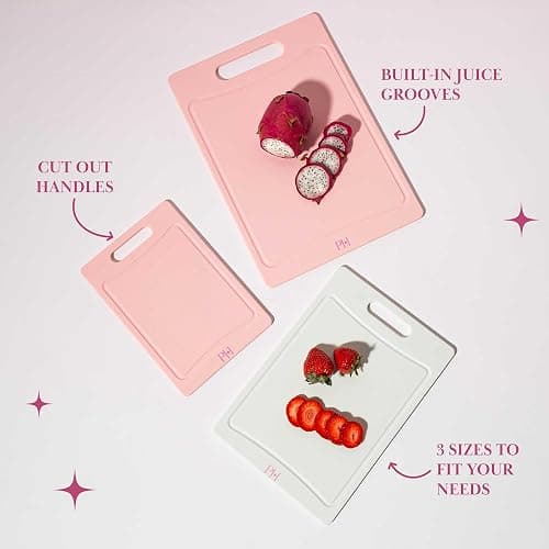 Paris Hilton Cutting Boards, Dual-Sided Cutting Board Set with Built-in Juice Grooves, Easy-Grip Handles, Heavy-Duty Plastic Made without BPA, Dishwasher Safe, 3-Piece Set, Pink and Cream thumbnail 6