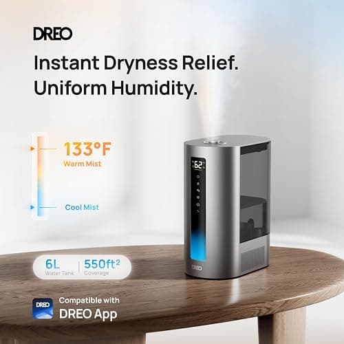 DREO 6L Smart Humidifiers for Bedroom, Warm & Cool Mist for Large Room | 60-Hour Quiet Runtime, 500ML/H Output, Smart Humidity Sensor, Indicator Light, App Control, Works with Alexa & Google, Silver thumbnail 2