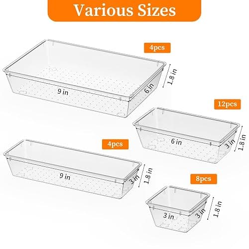 StorMiracle 32 PCS Clear Plastic Drawer Organizer Set, 4-Size vanity organizer Trays and Storage Bins for Makeup, Jewelry and Gadgets in Bedroom, Bathroom and Office, Clear thumbnail 3