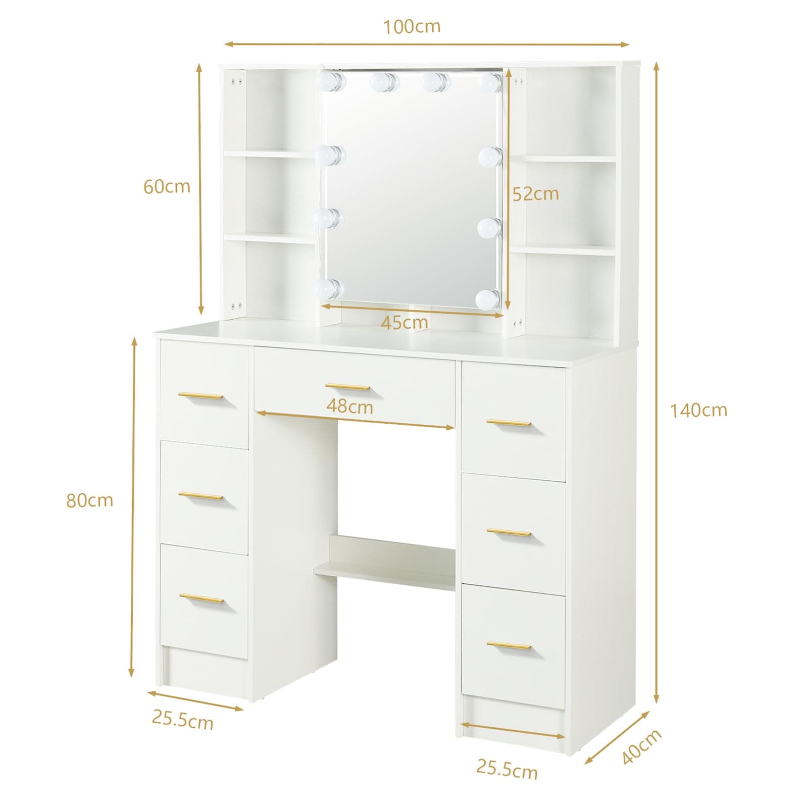Umeiga Large Vanity Table, Vanity Desk with Sliding Mirror and Lights, 3 Adjustable Light Modes, 7 Drawers 8 Open Shelves, 3 Hidding Shelves, Makeup Desk with Metal Handles for Girls and Women, White thumbnail 8