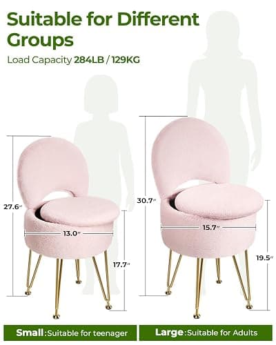 GREENSTELL Small Vanity Stool Chair with Storage and Folding Back, 13" x 13" x 17.7" Faux Fur Soft Ottoman for Teenager, 4 Metal Legs with Anti-Slip Feet, Furry Padded Seat for Makeup, Bedroom, Pink thumbnail 2