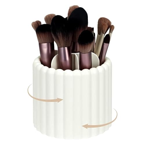 Mounting UP 360 Rotating Makeup Brush Holder Office Supplies Holder 7 Slots Make Up Brush Organizer Removable Spinning Cosmetic Brushes Storage Pen Holder for Vanity, White Dresser, Desk,BT-W-UK - Image 1