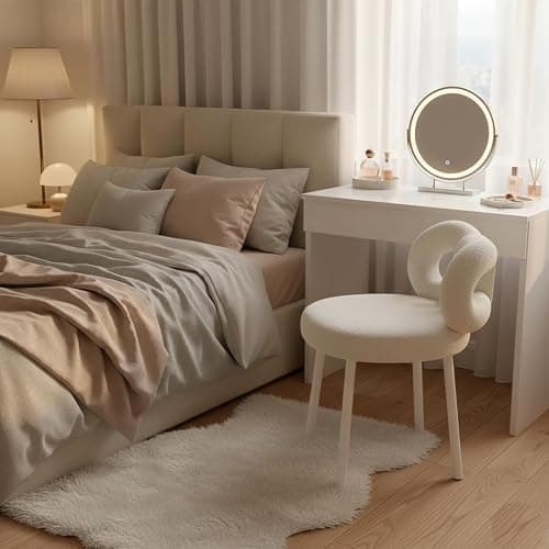 reukmuuc Vanity Stool, Elegant Bow Backrest, Soft Faux Wool Upholstered Seat, Non-Slip Carbon Steel Legs, 330lbs Max Load, Modern Vanity Chair for Bedroom, Living Room, Office (Beige) thumbnail 4