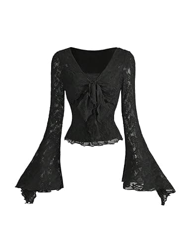 QJQ Women's Sheer Mesh Grunge Shirts Long Bell Sleeve Crewneck Going Out Lace Tops Goth Clothes - Image 1