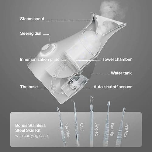 Pure Daily Care NanoSteamer Large 3-in-1 Nano Ionic Facial Steamer with Precise Temp Control - Humidifier - Unclogs Pores - Blackheads - Spa Quality - Bonus 5 Piece Stainless Steel Skin Kit (Silver) thumbnail 2