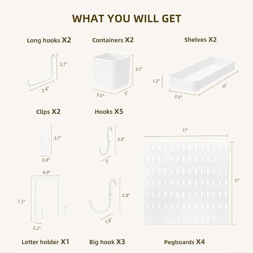 VUSIGN Pegboard Combination Wall Organizer Kit 22" x 22", White | 4 Pieces Pegboards and 17 Accessories, Wall Mount Display Peg board Panel Kits for Bedroom, Home, Office, Bathroom thumbnail 2