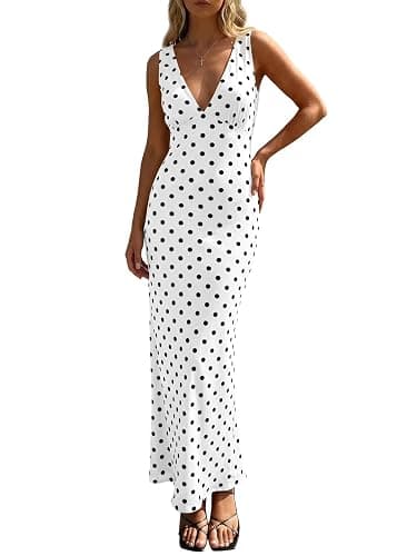Wenrine Womens Summer Polka Dot Maxi Dress Mesh Wedding Guest Bodycon Sexy V Neck Sleeveless Party Dresses - Image 1