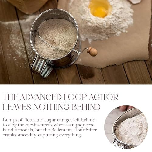 Bellemain 3 Cup Flour Sifter for Baking Fine Mesh Rotary Hand Crank with Loop Agitator for Quick Sifting, Flour Sifter Stainlees Steel thumbnail 4