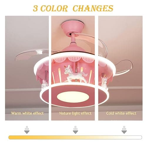 PSXPSXO Cartoon Pink Ceiling Fan with Lights Kids LED Ceiling Lamp Creative Carousel with Invisible Blades Close to Ceiling Lighting for Living Room Bedroom thumbnail 4