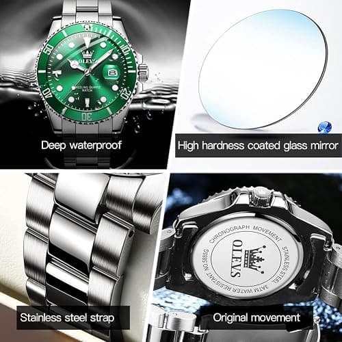 OLEVS Watches for Men with Date Luxury Big Face Waterproof Mens Wristwatch Analog Dress Two Tone Stainless Steel Man Watch Luminous Relojes De Hombre Calendar(Green/Blue/Black Dial thumbnail 4
