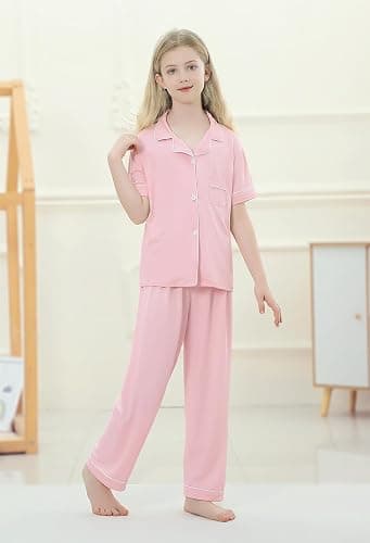 Umeyda Girls Pajamas Set Button Down Notch Collar Soft Short Sleeve Pjs Set with Long Pant Set Lounge Set thumbnail 3