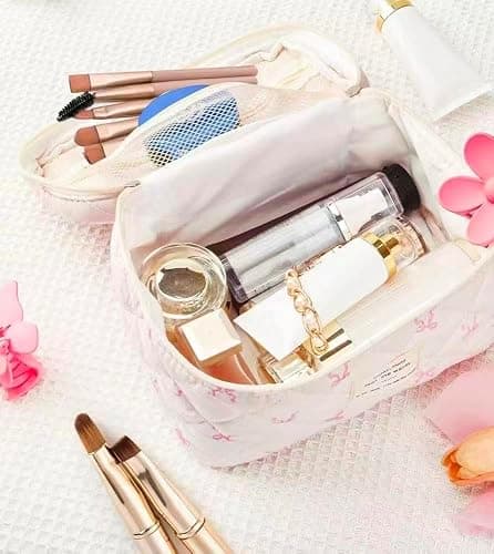MZLUWM Large Travel Quilted Makeup Bag，Cute Bow Cotton cosmetic bag, Fashionable aesthetic makeup bag,Coquette Aesthetic Floral Travel Toiletry Bag for Women and Girls thumbnail 2