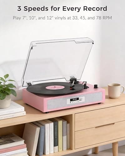 VICTRESS Vinyl Record Player, Built-in Dual Speakers, Anti-Vibration, Pink | Vintage Vinyl Player, 3-Speed Bluetooth Turntable with USB Recording & Playback, 5 EQ Modes, RCA Out, LED Display, Auto Stop thumbnail 2